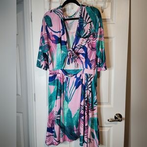 REBDOLLS‎ 3X Pink & Blue Floral Cut-out 3/4 Sleeve Dress
